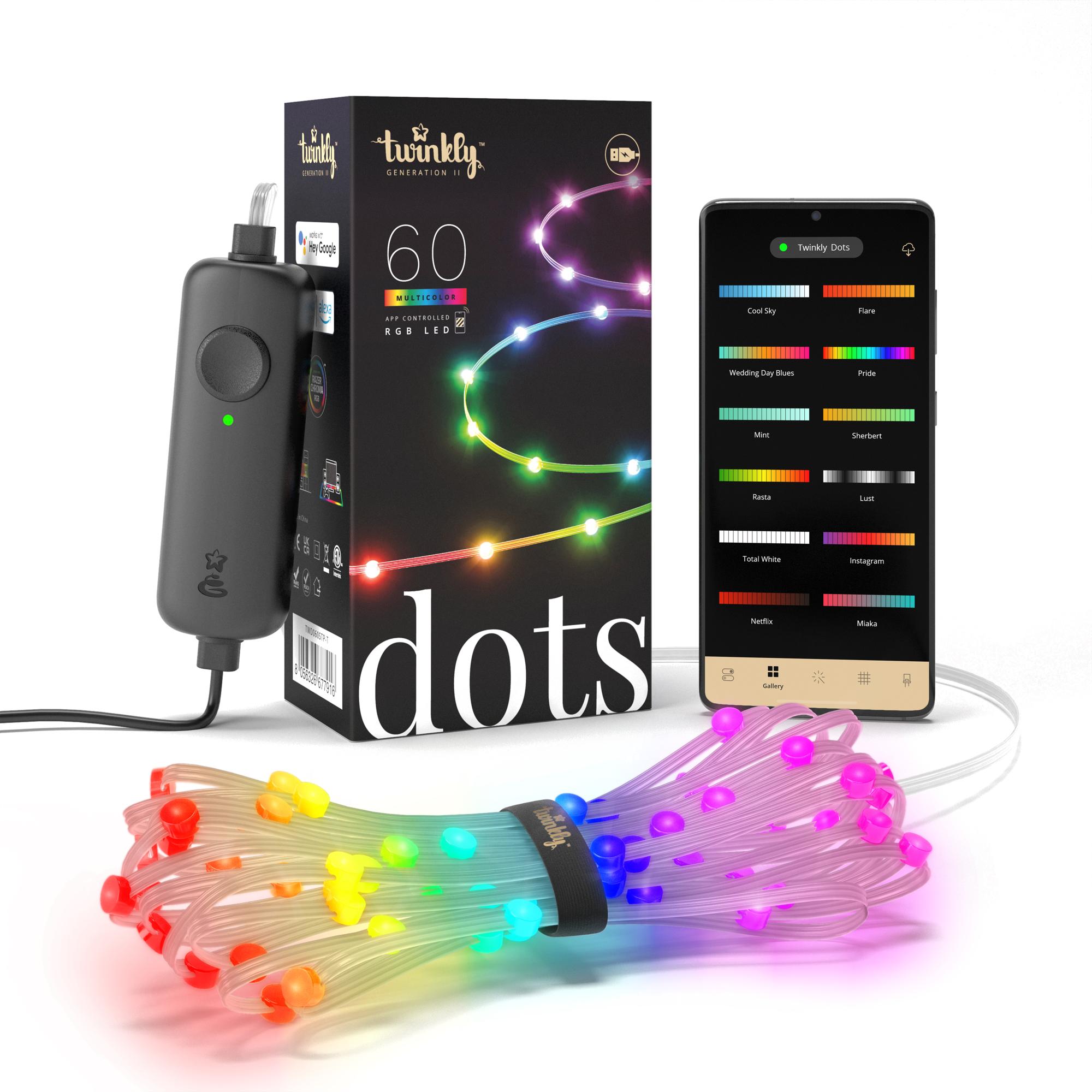 Twinkly Smarte Lichterkette DOTS mit 60 LED RGB 3m transparentes Kabel Wifi Gen II IP20 USB powered