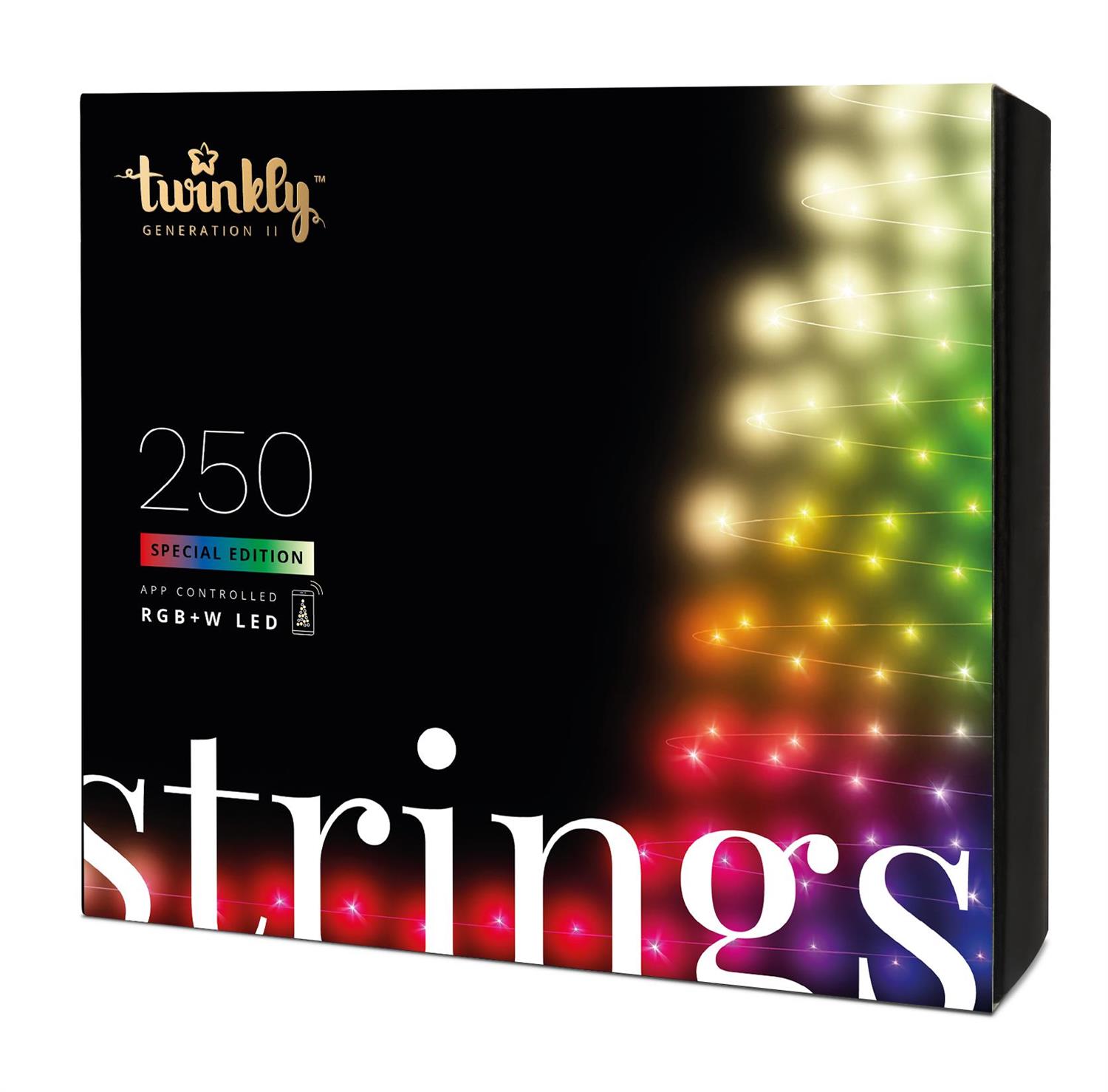twinkly Smarte Lichterkette STRINGS mit 250 5mm LED RGBW, Kabel schwarz, 20m, Buetooth+WiFi, Gen II, IP44