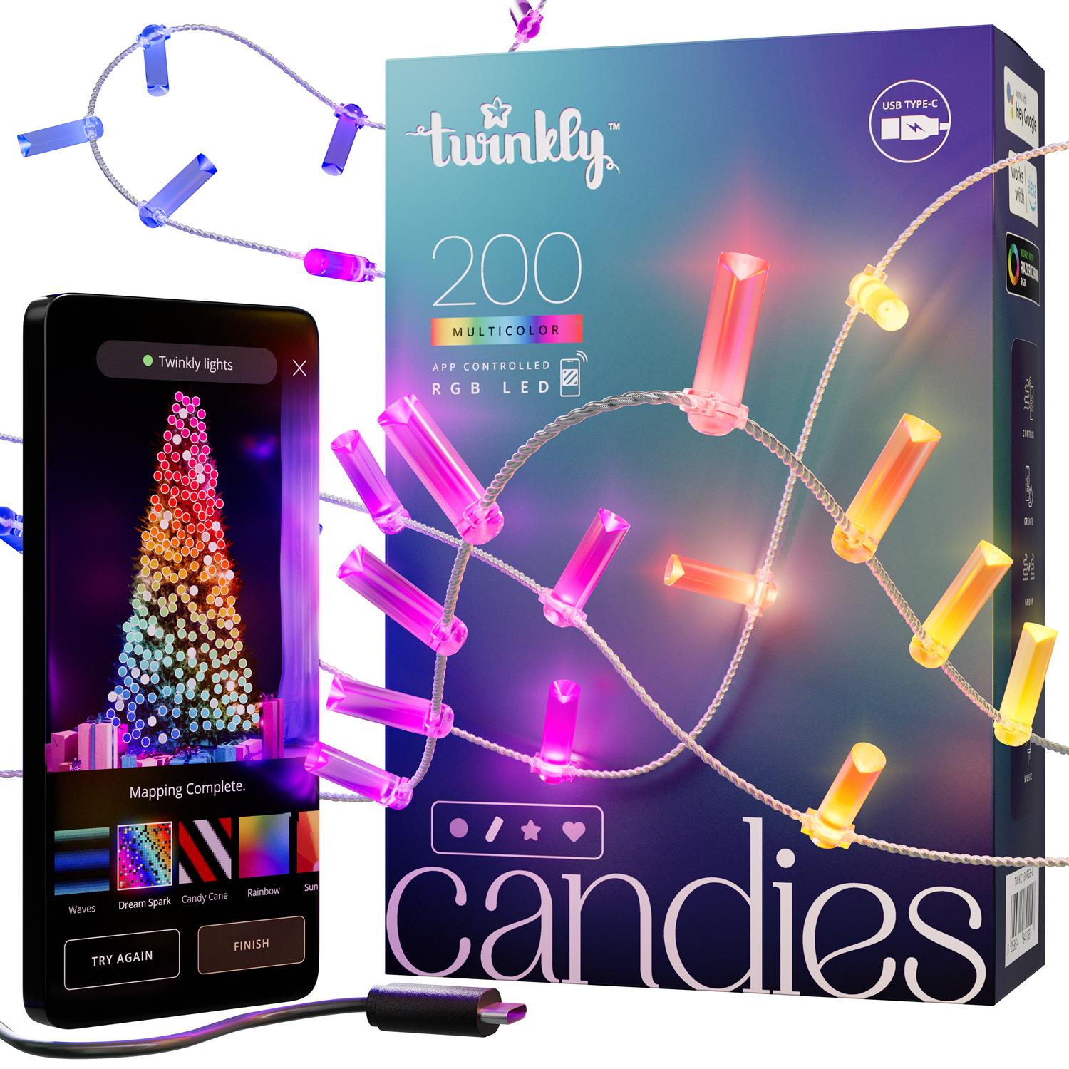 Twinkly Smarte Lichterkette CANDIES CANDLES mit 200 7mm LED RGB, 12m, transparentes Kabel, WiFi, USB-C powered, IP20