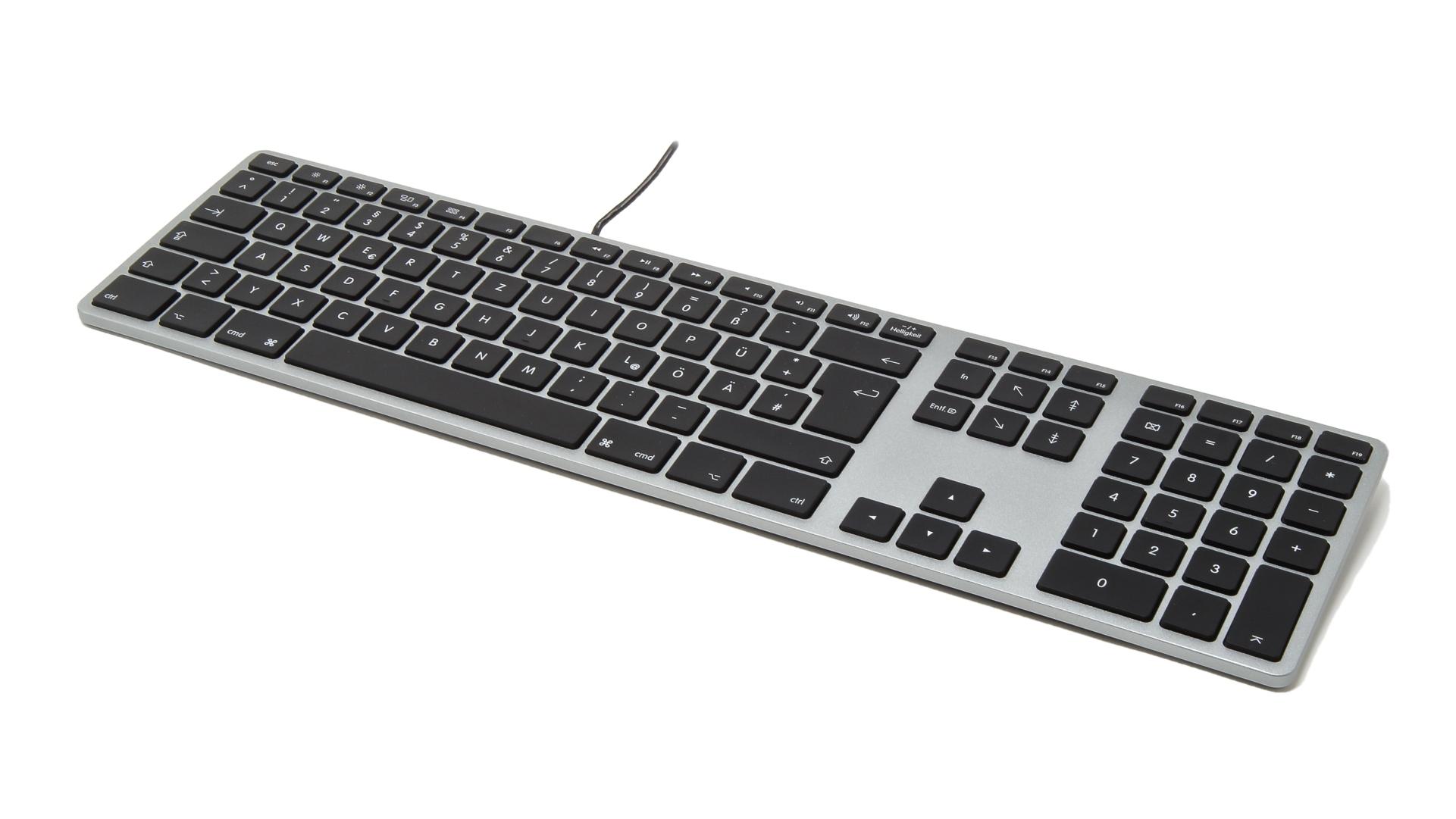 Matias Aluminium Extended USB Keyboard mit RGB-Hintergrundbeleuchtung Swiss-Layout (Schweiz) für Mac OS - Space-Grey mit schwarzen Tasten