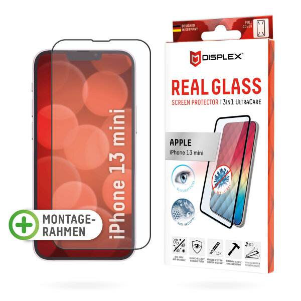 DISPLEX 3in1 UltraCare Panzerglas (10H) mit Eco-Montagerahmen für Apple iPhone 13 mini