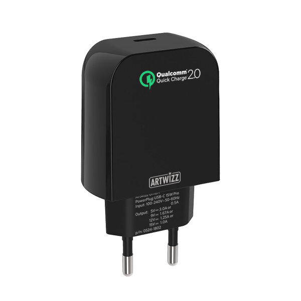 Artwizz PowerPlug USB-C 15W Pro Ladegerät für Smartphones, Tablets - QUALCOMM Quick Charge zertifiziert - Schwarz