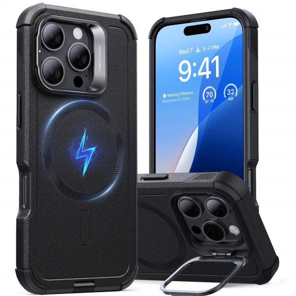 Custodia ESR Cyber Armor HaloLock con supporto Stash per Apple iPhone 16 Pro - Nero